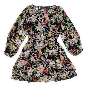 Code Mode Women Floral Mini Dress Black Tropical Long Sleeve Tiered Ruffle XS